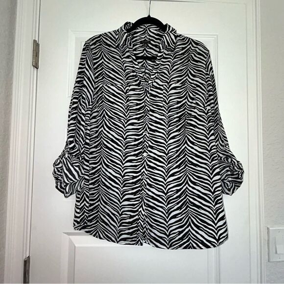 Talbots Zebra Print Button Front Roll Tab Sleeve Blouse Top - Picture 1 of 6